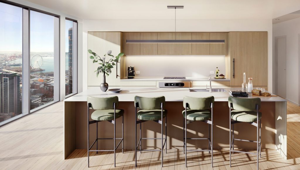 Kitchen with quartz countertops and wide plank wooden flooring